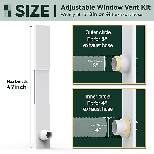 Miniatura 2 de Flehomo Kit de ventilación de ventana para manguera de 3 y 4 pulgadas de diámetro, incluye cubierta de ventilación con solapas de cierre automático,