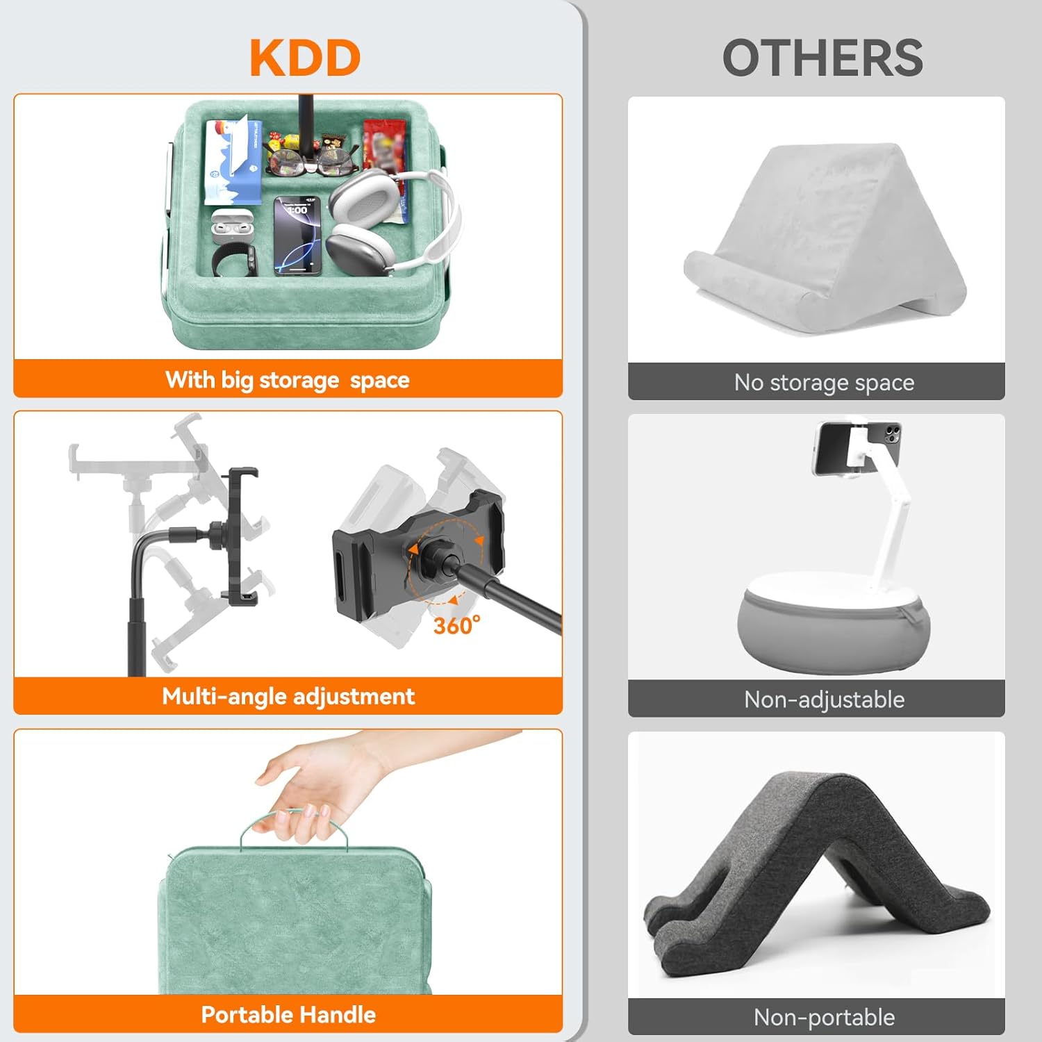 KDD Tablet Pillow Holder - 360°Adjustable iPad Pillow Stand for Lap, Bed and Desk - Gooseneck Tablet Soft Pad Dock with Storage Tray and Pocket Compatible with iPad Pro 12.9, Air Mini, Phone,(Green) image 5 of 8 B0F53T3MQK