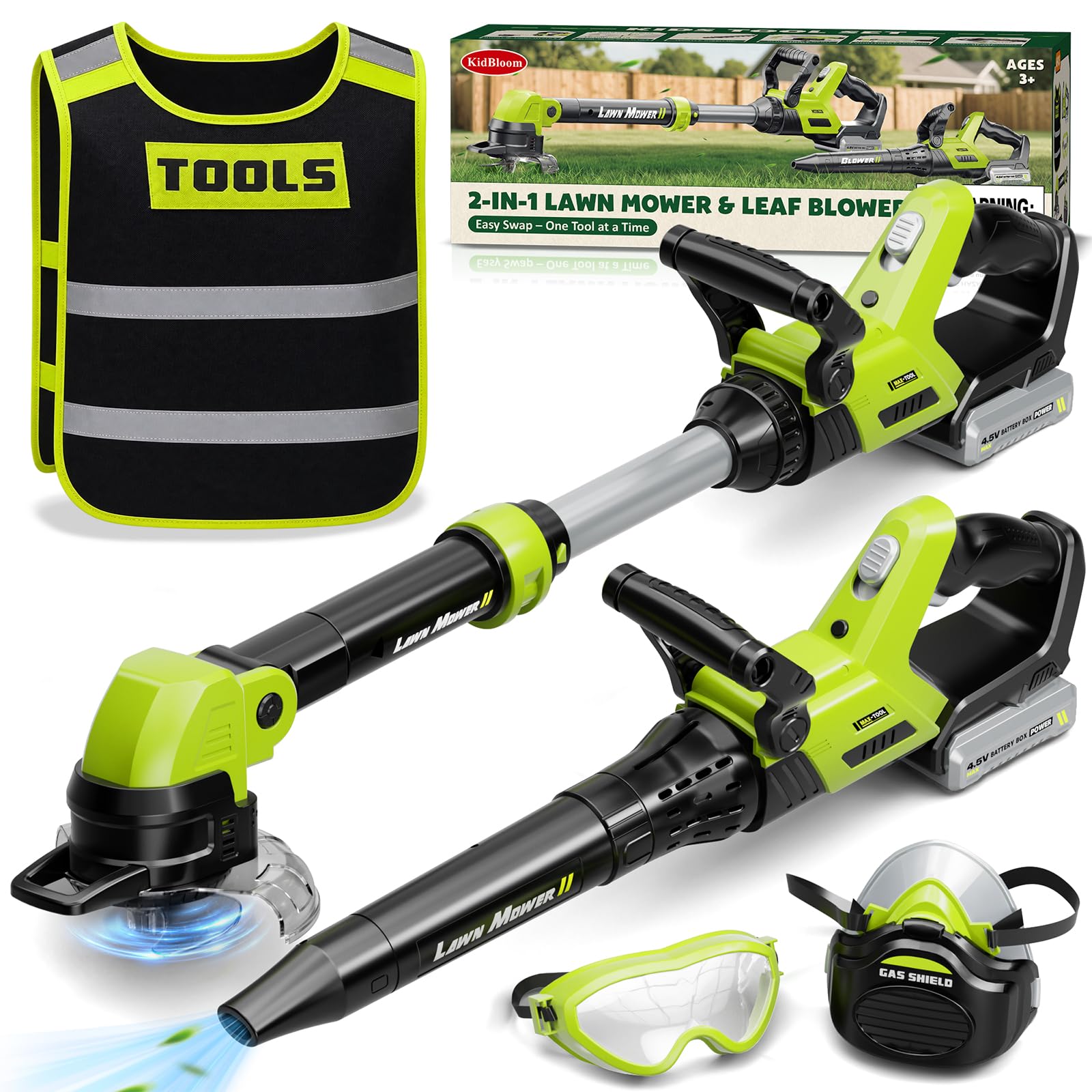 KidBloom 2 in 1 Attrezzi da Lavoro Bambini, Decespugliatore Giocattolo & Soffiatore Foglie con Suoni, Giochi da Giardino per Bambini, Giochi Bambino 3 Anni, Verde