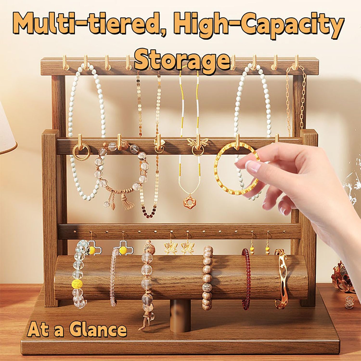 Wood Jewelry Stand Necklace Bracelet Earring Scrunchie Storage Tray