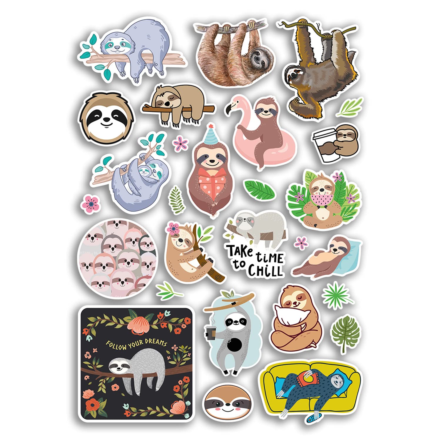 Dv Design Girls Multi A4 Sticker Sheet Sloth Vinyl Stickers - Lazy Animal Coffee Sleepy Follow Your Dreams Floral Boys Hobby Love Chill Scrapbooking Travel Gift #78901