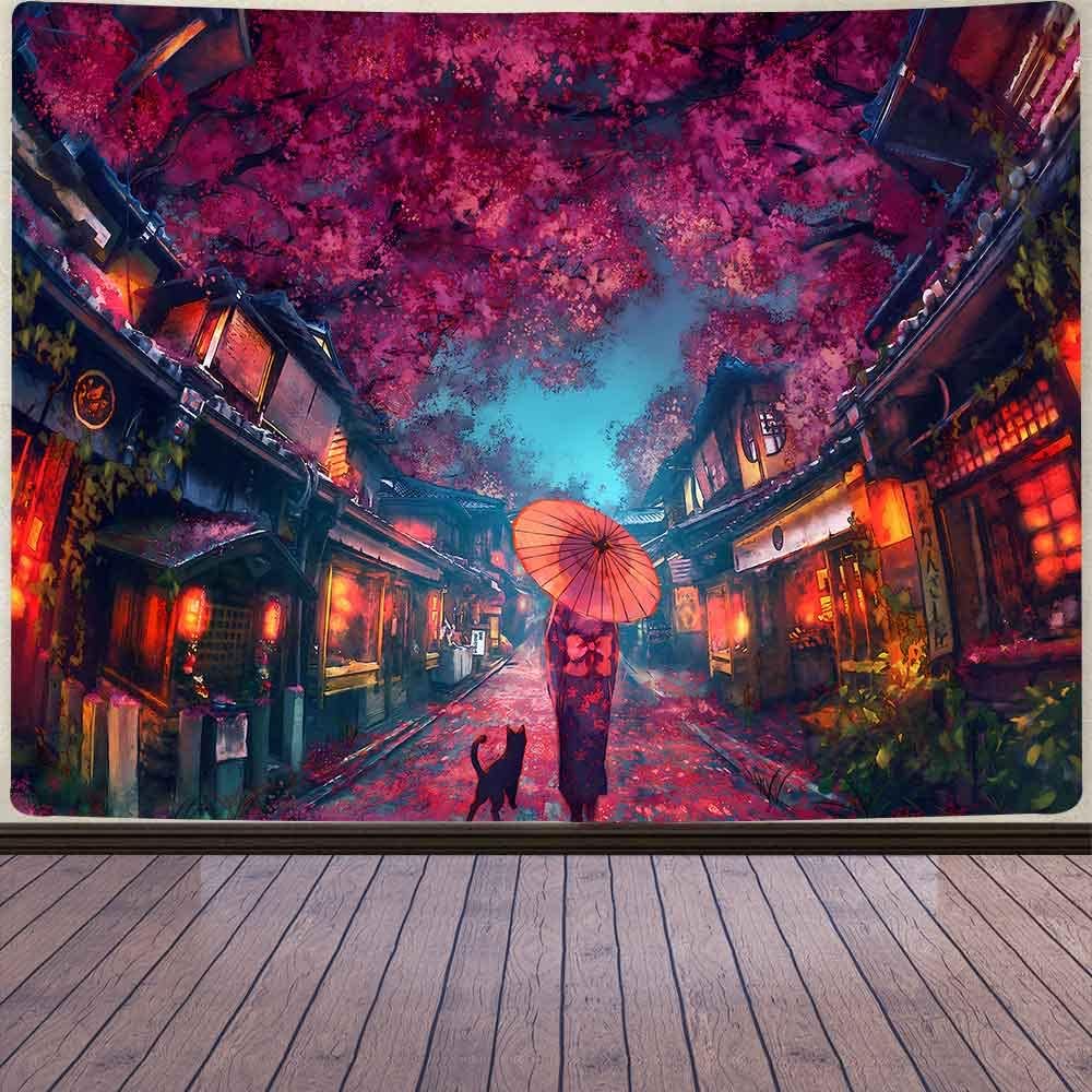 Aidatain Japanese Anime Tapestry Ancient Japanese Night Street Landscape Tapestry, Cherry Blossom Lantern Tapestry Large 108" L x 90" W Flannel Art Tapestries, For Living Room Bedroom Dorm GTDWAT294