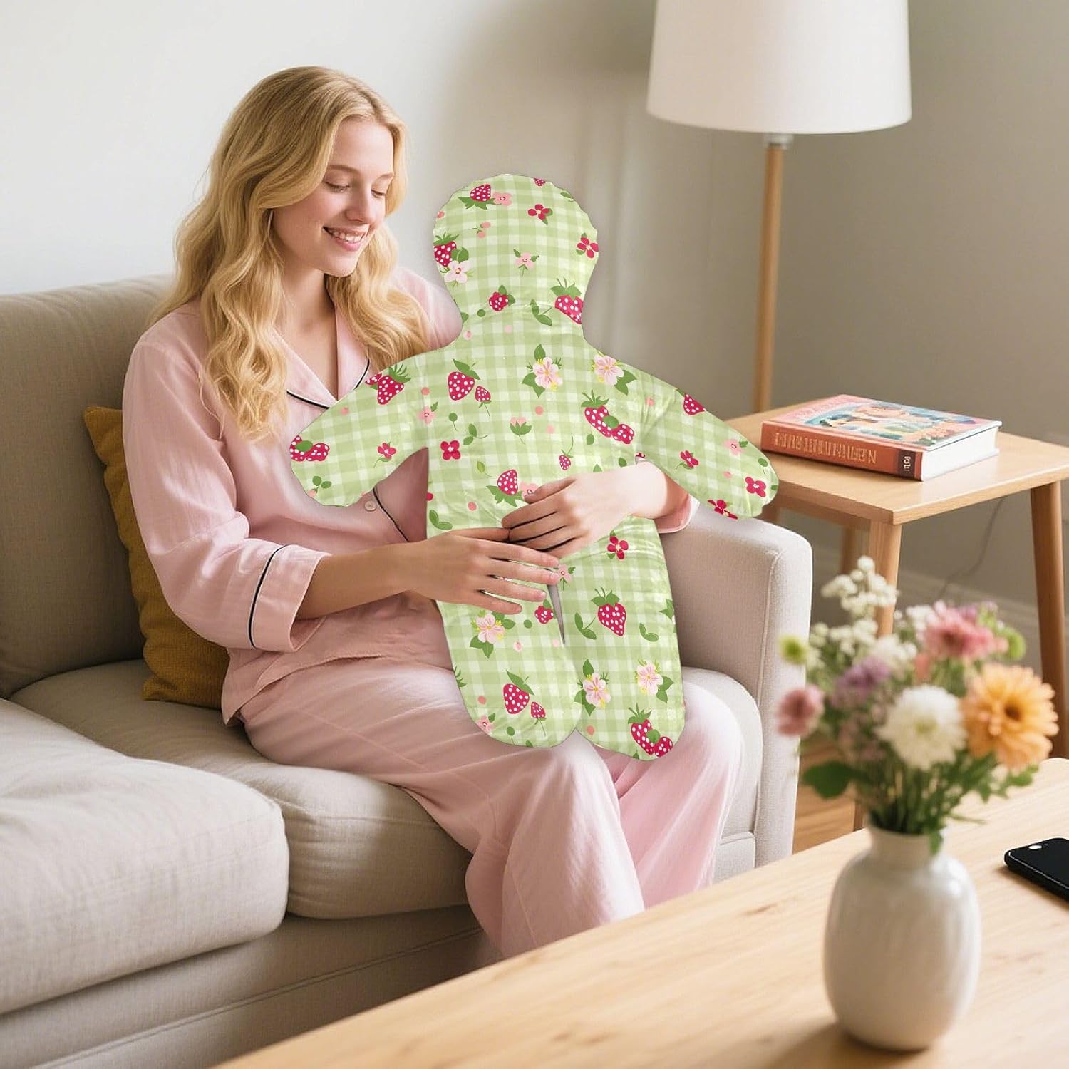 Checkered Strawberry Human-Shaped Pillow Soft Body Pillows Washable Velvet Pillows for Anxiety Relief Sleeping Cuddling & Support