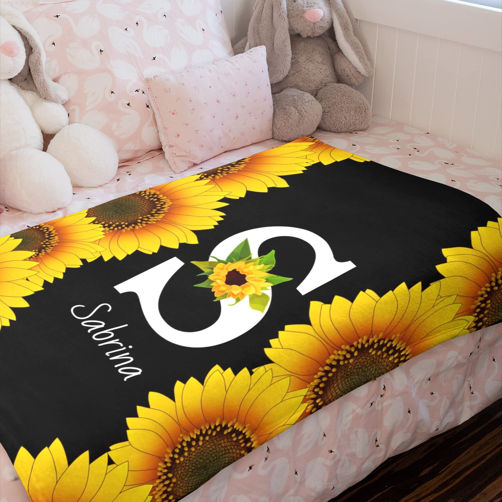 Personalized Sunflowers Blanket with Name, Custom Baby Blankets for Girls Boys Baby Customized Blankets with Initials Baby Name Blanket, Custom Yellow Sunflowers on Blankets for Girls with Name