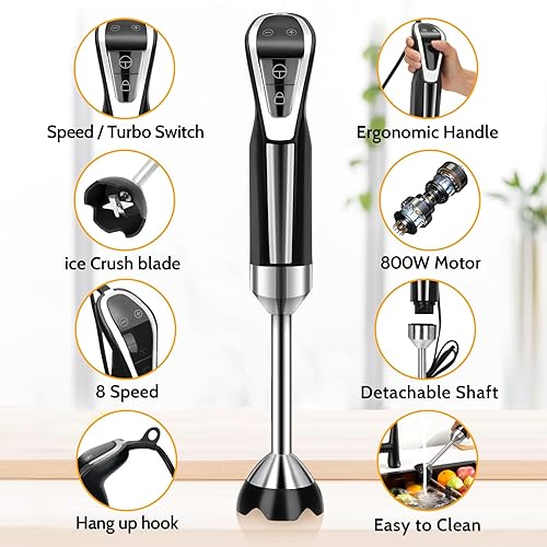 Miniatura 6 de LINKChef Batidora de inmersión 4 en 1 de mano de 800 W, batidora de mano de 8 velocidades con batidor para cocina, resistente a los arañazos,