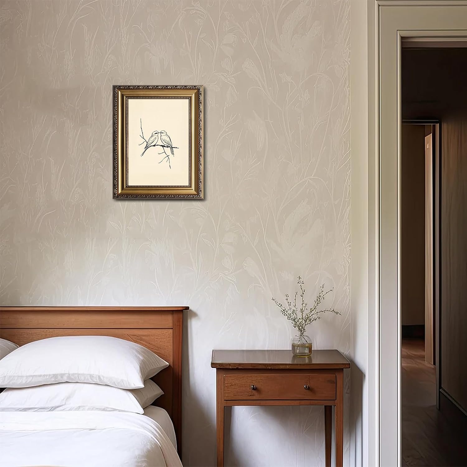 Vintage Gold Framed Bird Art Print Romantic Love Birds Illustration, Hand-Drawn Farmhouse Decor, Vintage Artwork Pictures for Bedroom, Living Room, Kitchen - 9x12 Inch