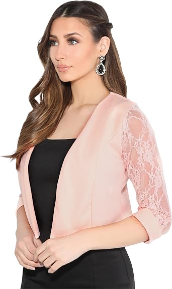 KRISP Womens Elegant Cropped Jacket Formal Bolero Shrug Cardigan Short Open Front Lace 3/4 Sleeve For Evening Dresses