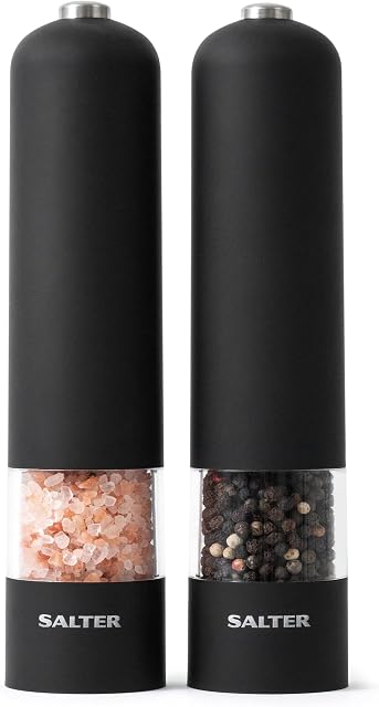 Salter 7524 BKXR Electric Salt And Pepper Grinder Set, Automatic Spice Mills, Battery Powered Grinders, Ceramic Mechanism, Soft Touch Finish, Button Press Use, For Weaker/Arthritis Hands, Matte Black