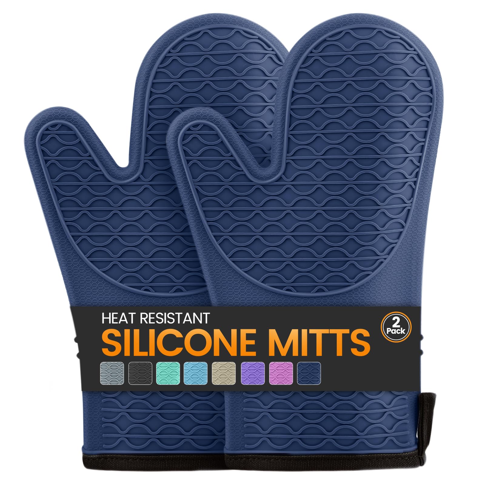 Silikon-Ofenhandschuhe, hitzebeständig, 2 Stück, Ofenhandschuhe mit weichem Baumwollfutter, wasserdicht, rutschfester Griff, Topflappen, Handschuhe für Grillen, Backen, Kochen, 32,5 cm, Dunkelblau