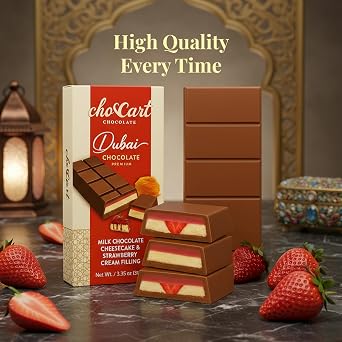 ChocCart Dubai Chocolate Premium Milk Chocolate Bar with Cheesecake & Strawberry Cream Filling, Gourmet Middle Eastern Dessert Chocolate in Luxury Gift Box, Made in Dubai, 95g (3.35 oz)