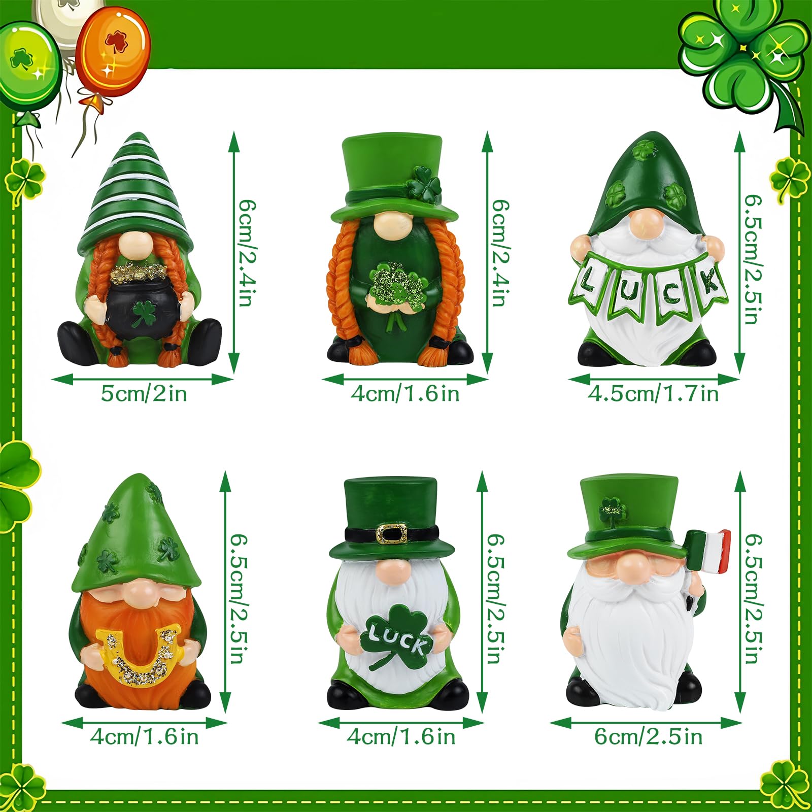 Condition photo showing New/Like New for 6 pcs saint patricks day gnome figurine green gnomes figurines saint patricks day gnome statue saint patrick small figurine for table home party holiday decoration