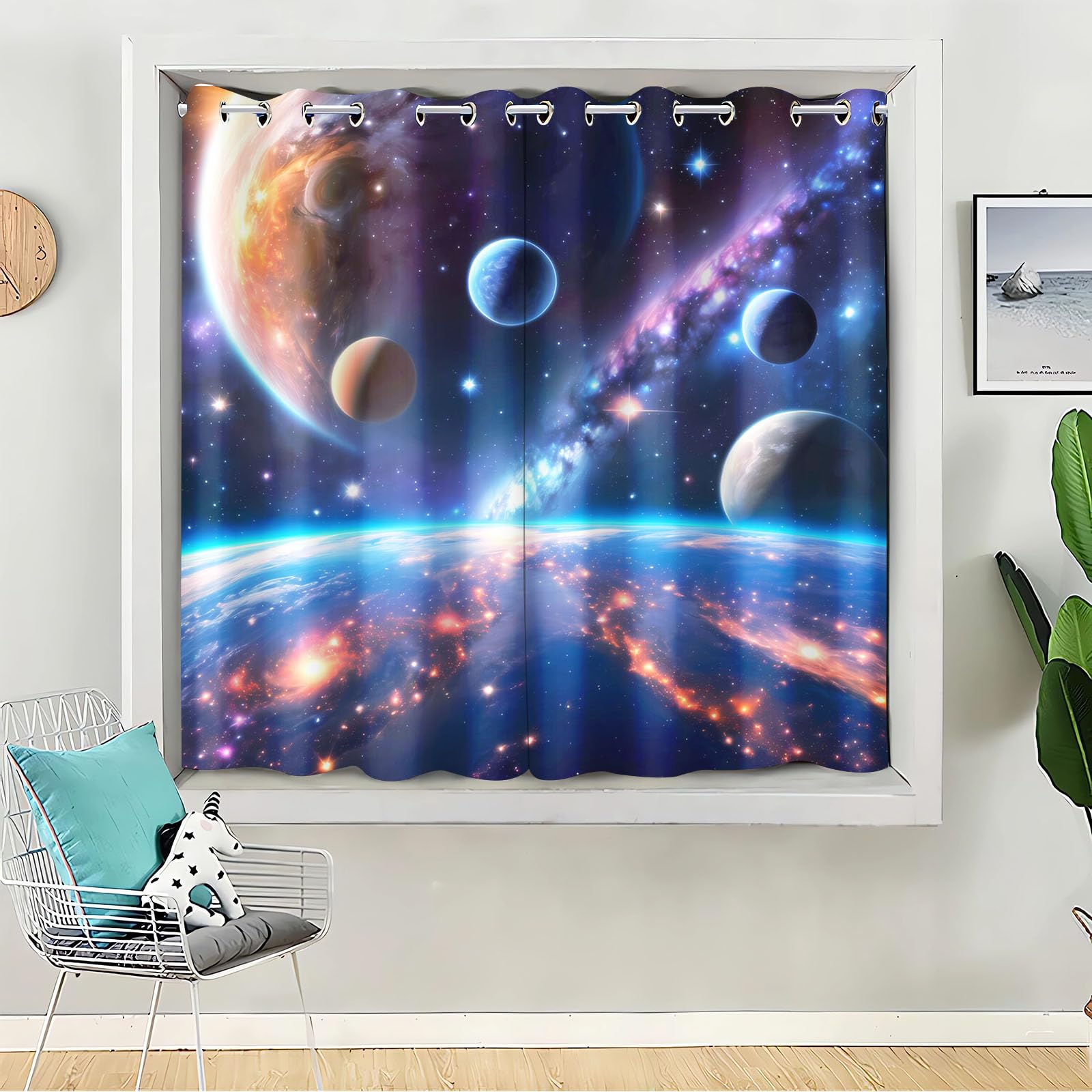 blickdichte Weltraum Vorhänge mit Ösen, Kinder 75x166 2 Stück | hautfreundlicher waschbarer Stoff mit bleichfestem Druck, Größe 150x166 cm