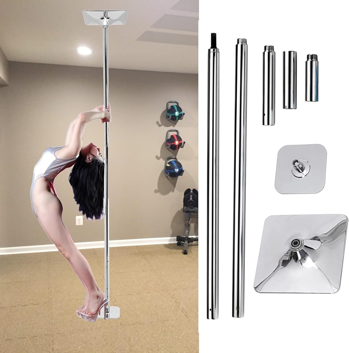 NGDFGR Dance Pole Spinning Pole Dancing Pole 45Mm, Removable Fitness Pole Set For Home Exercise Club Party Pub, Spinning Static Dance Pole, Loads 440Lbs,Silver-224CM-274CM/7.3ft-9ft