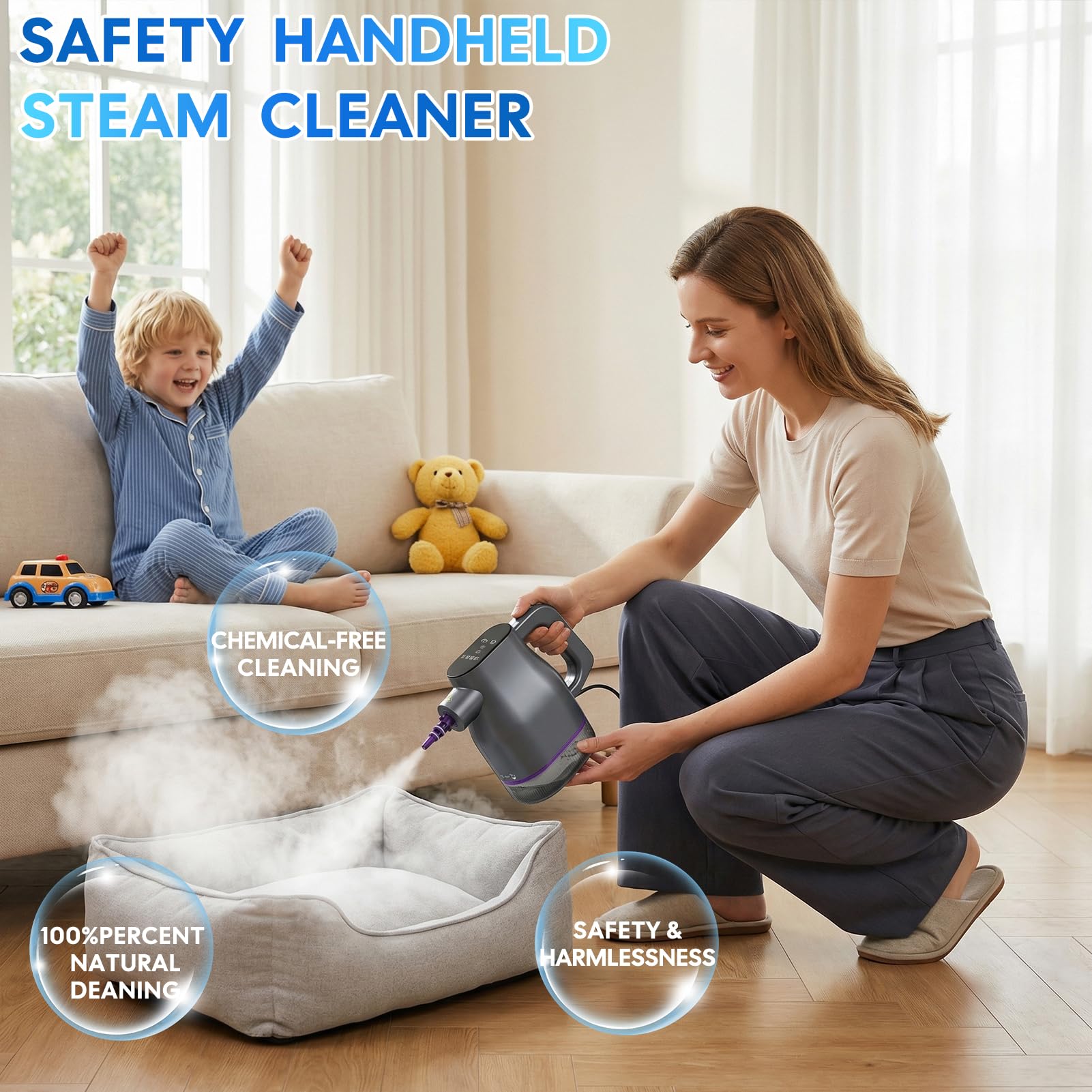1350W Pulitore a Vapore Portatile con Riscaldamento Rapido 15s a 130°C – Touchscreen, Blocco Sicurezza, 400ml Senza Chimici – 9 Accessori per Auto, Divano, Pavimenti, Bagno, Piastrelle, Finestre
