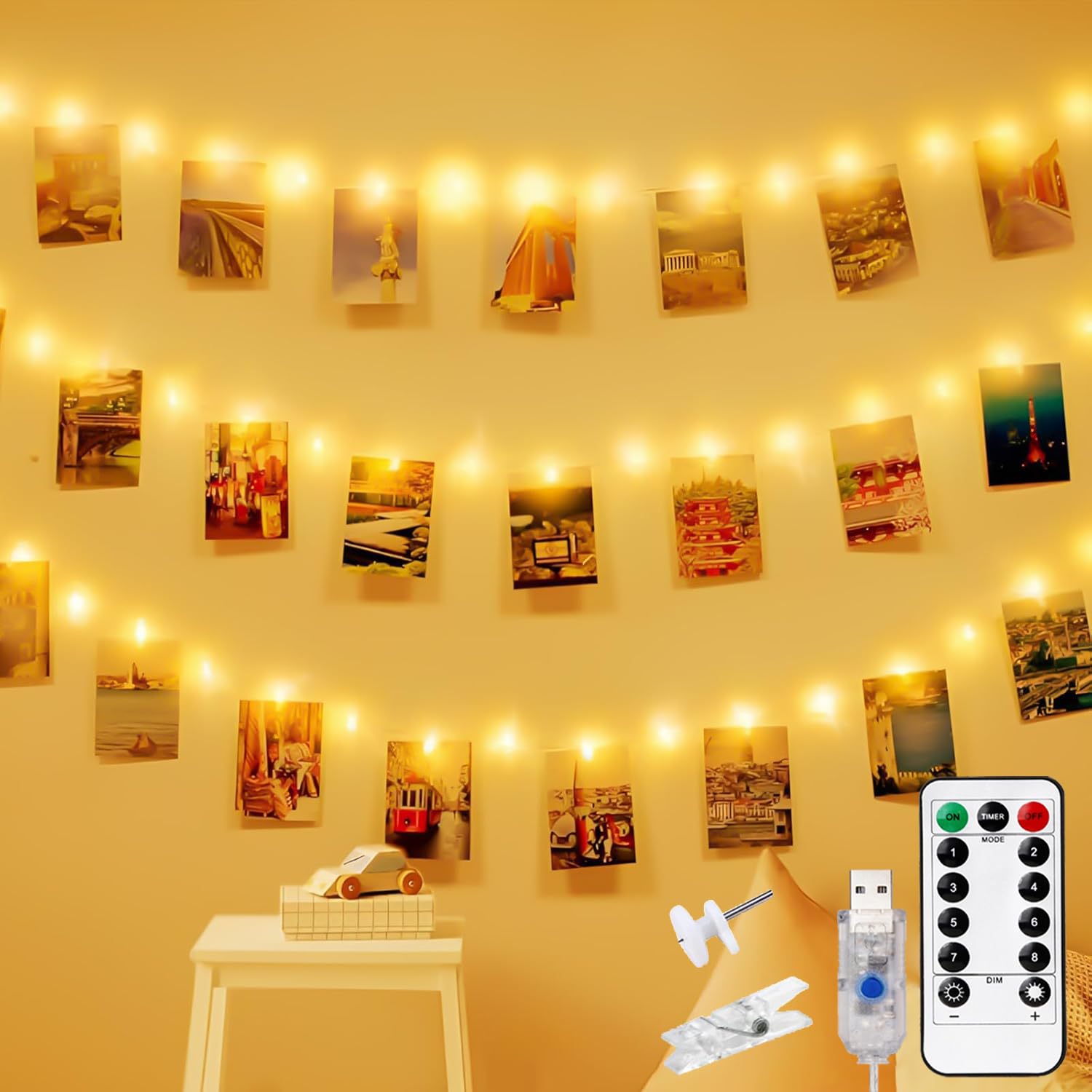 Photo Clip String Lights with Timer, 10M Photo Peg Fairy Lights, 100 LED Bulbs with 50 Clips and Remote, Aesthetic Room Decor Hanging Photo Frames for Bedroom Party Wedding Birthday Festival Decor