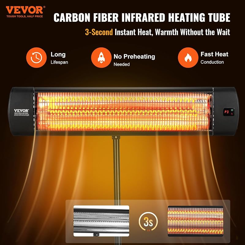 VEVOR Infrared Heater, 1500W Remote Control Electric Space Heater, LED Screen Patio Heater w/ 3 Speeds & Timer, Outdoor/Outdoor for Porch,Dining Room,Studio, with Stand & Mount to Ceiling/Wall,24 in L image 2