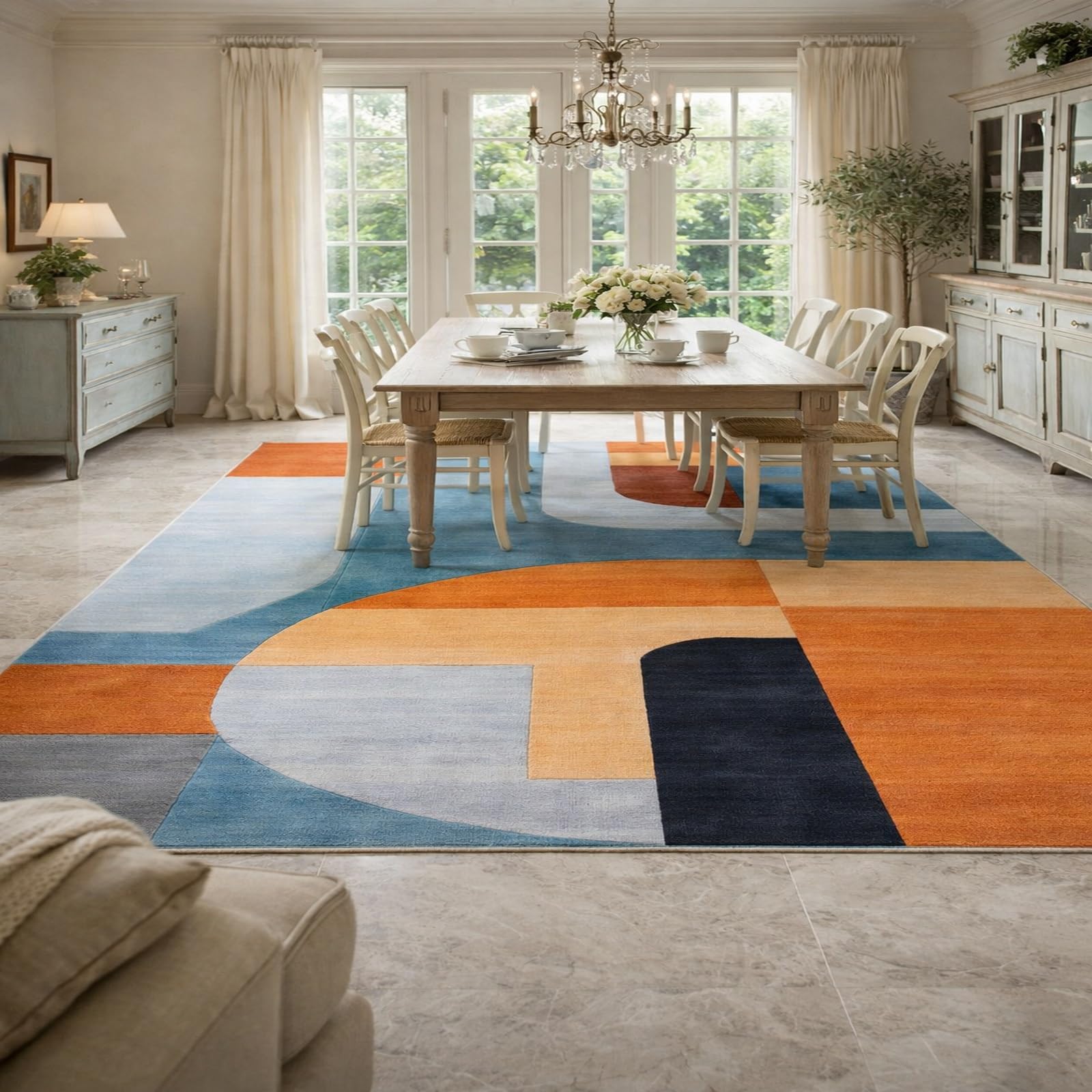 Tapis de sol géométrique bleu et orange brûlé 120 cm