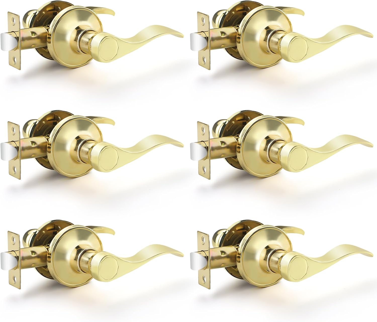 EHOMEWARE 6 Pack Passage Lever Door Handle, Gold Wave Door Levers Polished Brass Interior Door Handles for Closet Keyless Indoor Door Locks