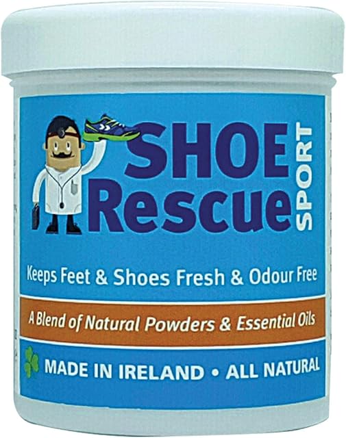 Foot and shoe powder 100g - Odour remover and eliminator - Developed by a registered podiatrist Shoe Rescue is a 100% natural deodorant remedy to eliminate smelly shoes and feet - Keeps feet fresh