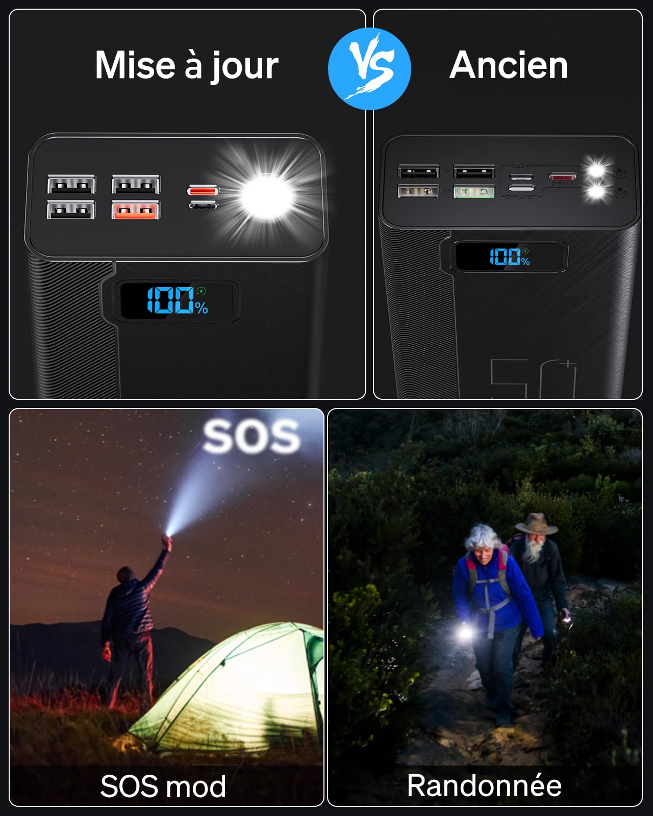 Power Bank 50000mAh, Batterie Externe de 22,5 Watts, Charge Rapide, Haute capacité, 5 Sorties et 3 entrées 3P MP3 Players, with Music cisuM