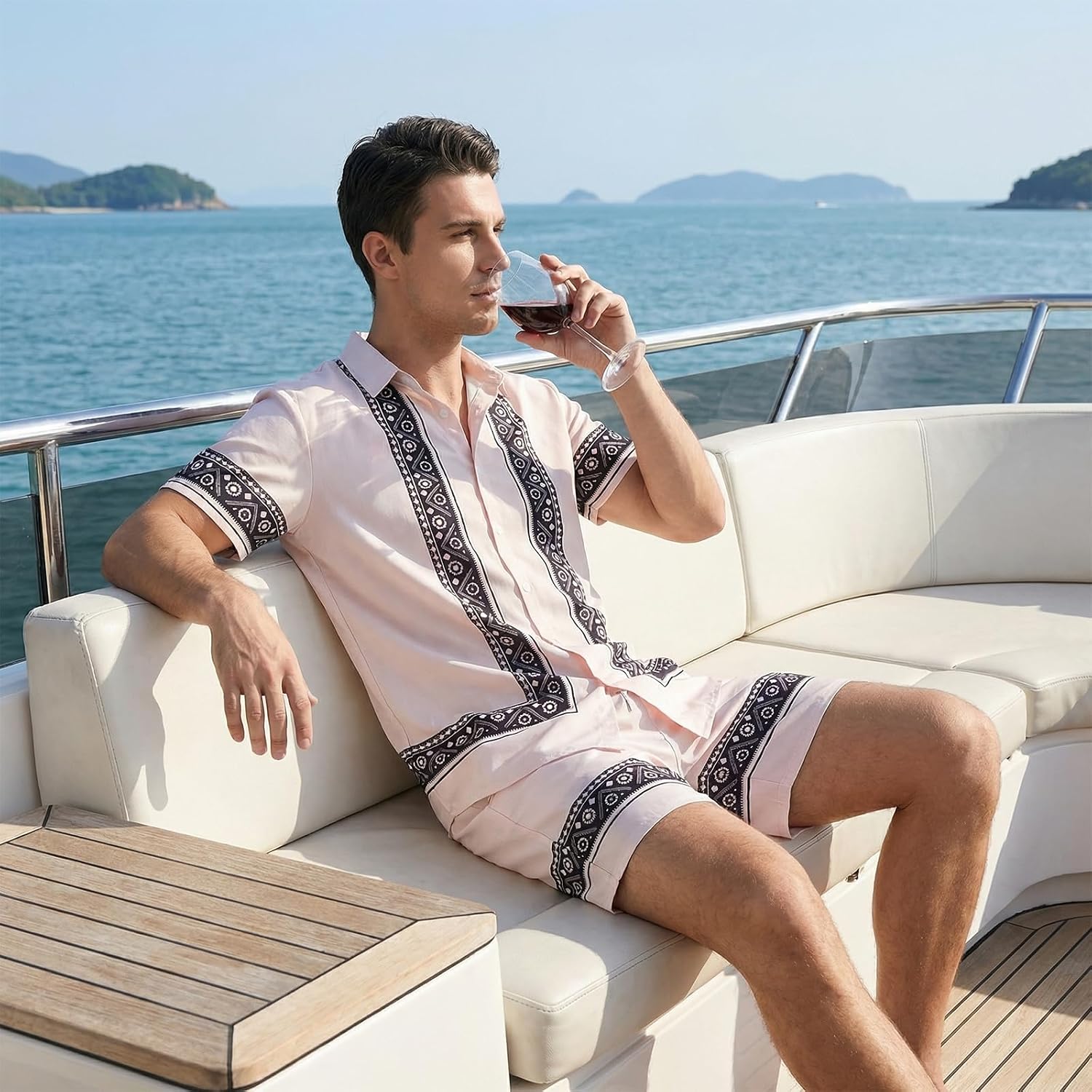 TOLOER Men’s Ethnic Style Vacation Beach Outfits Button Down 2 Pieces Summer Shirt and Short Sets XL