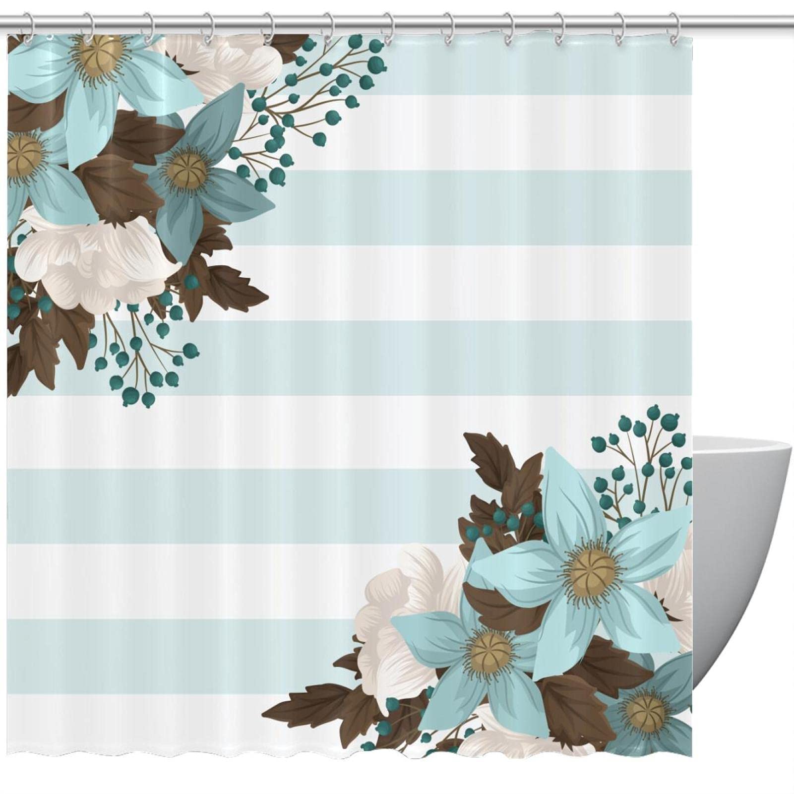 Rideau de douche à rayures florales textile étanche salle de bain vert menthe 168x183