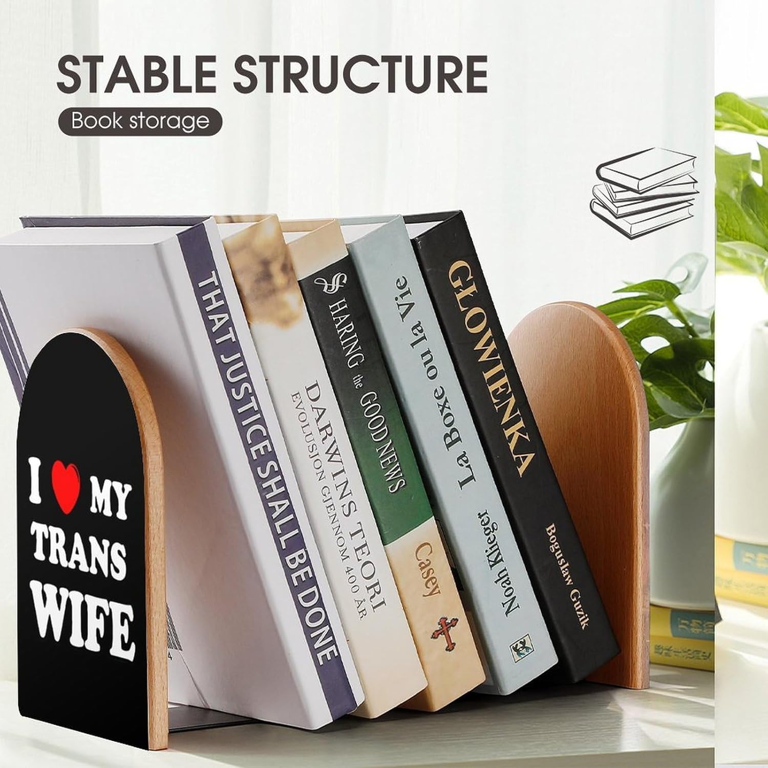 I Love My Trans Wife Cute Wood Book Ends Decorative Bookends 1 Pair Non-Skid for Shelves Home Office 7 X 5 Inch