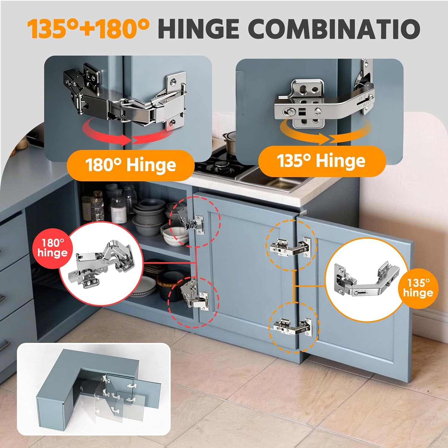 Lazy Susan Hinges 135° & 180° Soft Close for Corner Cabinet, Half-Overlay, 4 x 180° + 4 x 135° Hinges, Kitchen Cupboard Bifold Hardware with Silent Damper, Pie Cut Solution