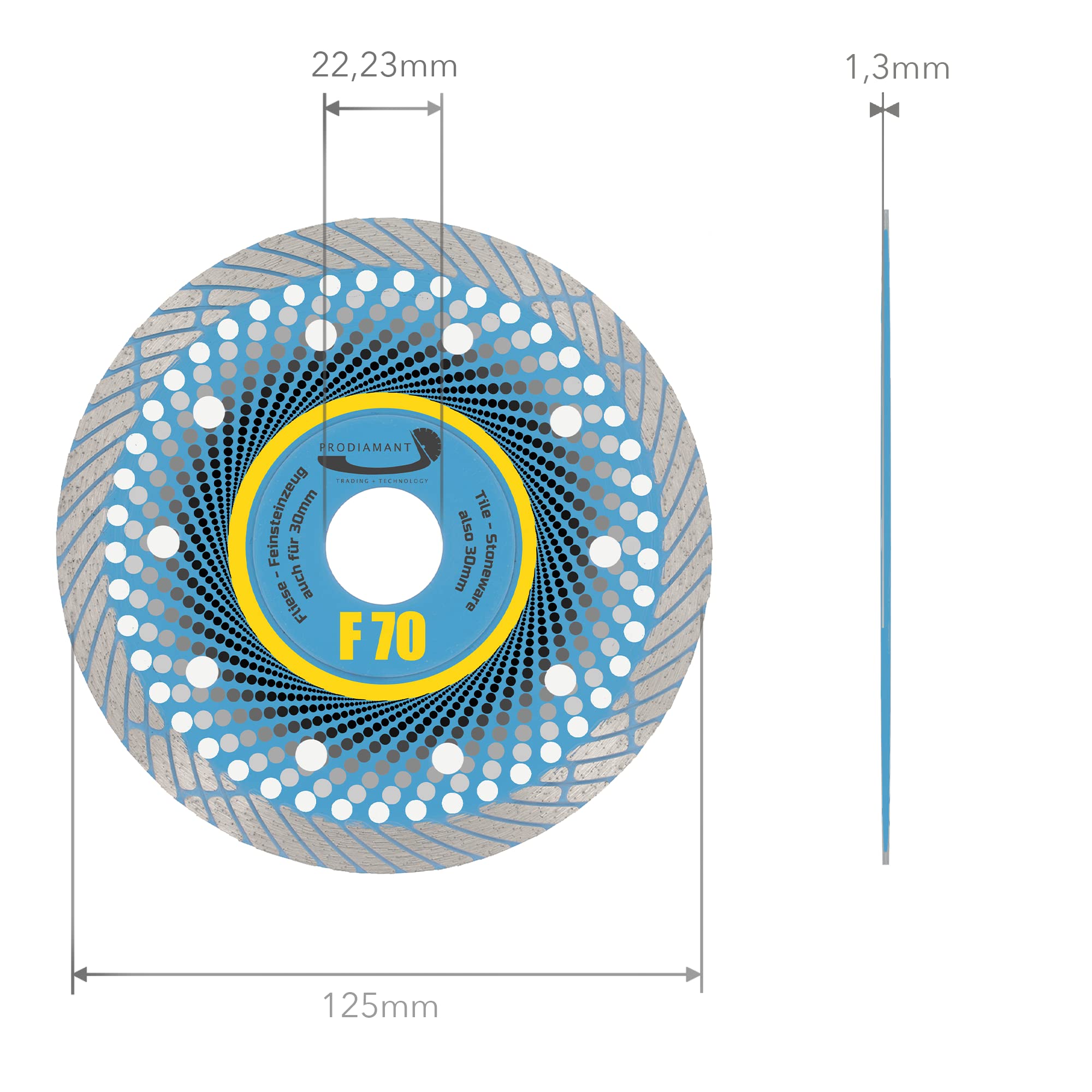 PRODIAMANT Profi Diamant-Trennscheibe 125mm F70 bis 30mm Feinsteinzeug Trockenschnitt in Terrassenplatten und Fliesen