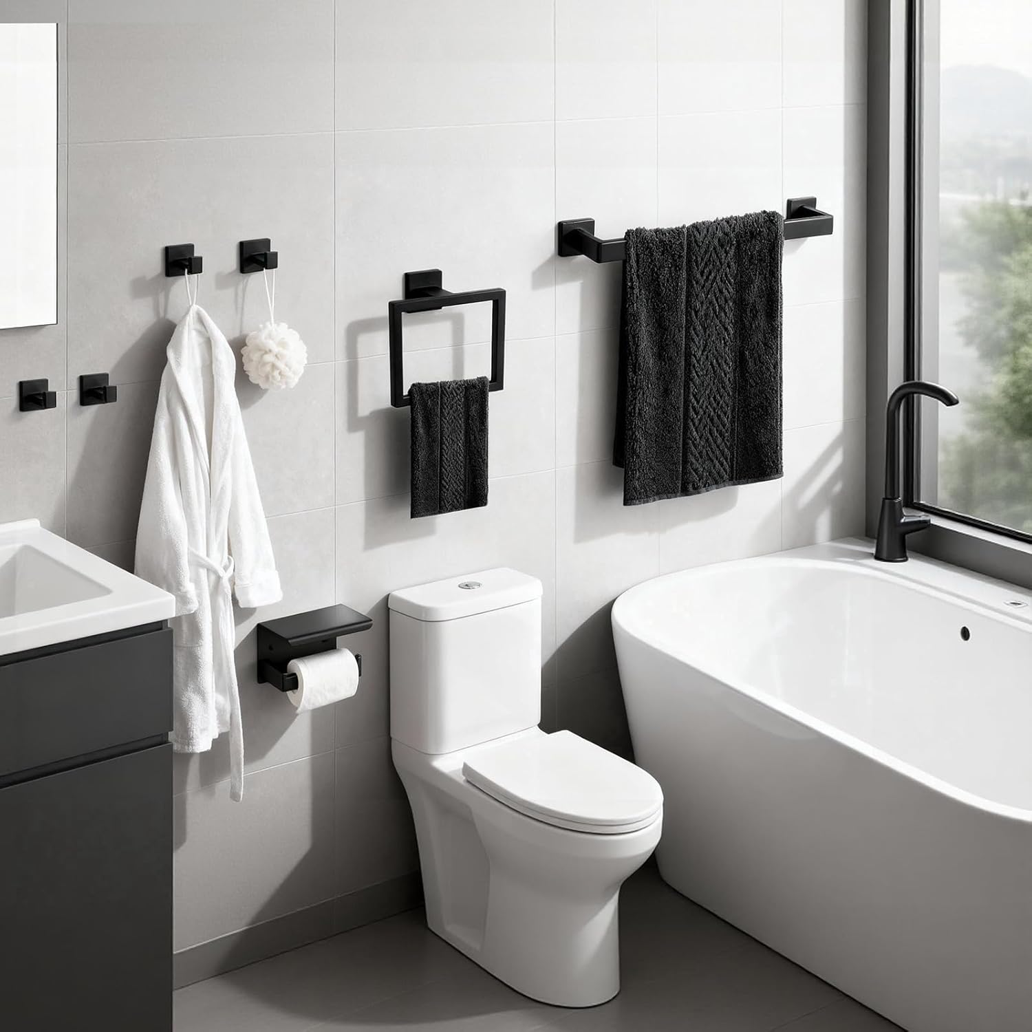 7-Piece Matte Black Bathroom Accessories Hardware Set, Stainless Steel 16" Towel Bar, Towel Ring, Toilet Paper Holder with Shelf, 4 Towel Hooks, Wall Mounted for Bathroom, Kitchen, Hotel - Image 7