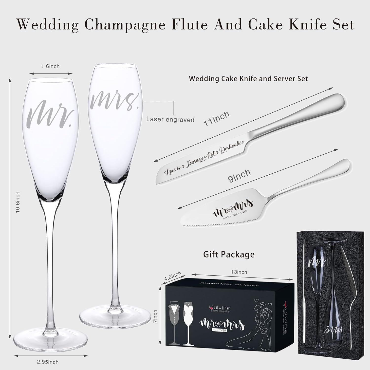 Engraved Mr and Mrs Champagne Flutes Wooden Sign,Wedding Toasting Glasses for Bride and Groom,Cake Knife and Server Set Just Married Banner for Couple Reception Ceremony - Image 2