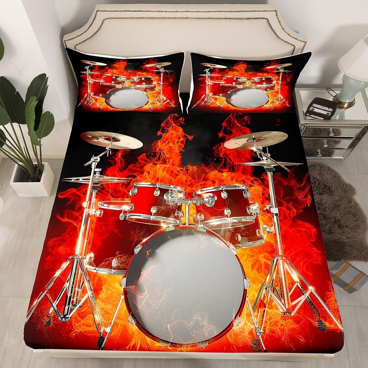 Feelyou Drum Kit Bed Sheets Rock Music Theme Decor Bed Sheet Set for Kids Boys Girls Teens Musical Instrument Bedding Set Band Concert Popstar Party Fitted Sheet with 2 Pillowcases 3Pcs Bedding Queen image 3