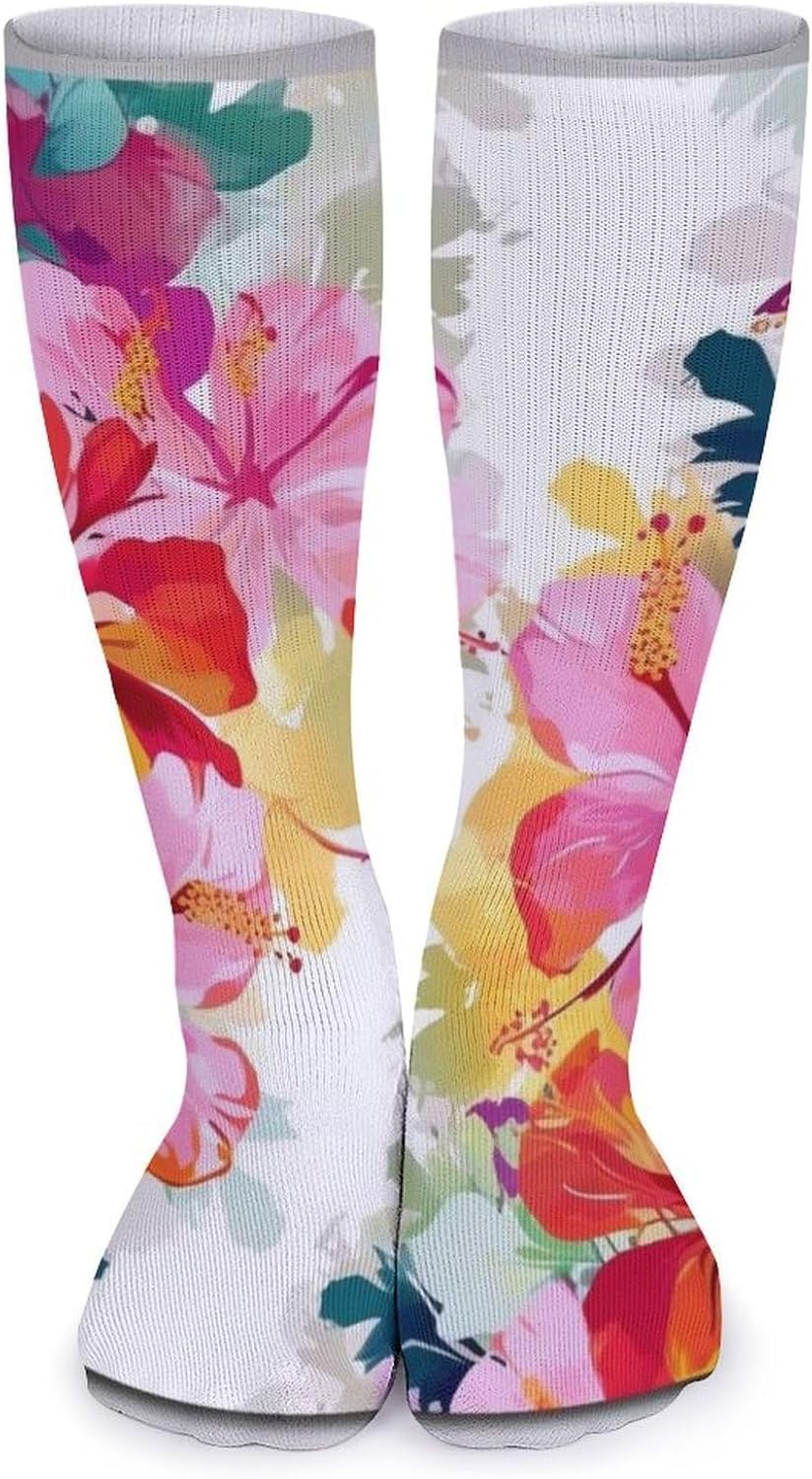 Breathable Crew Sock, Moisture Wicking, Athletic Calf Socks, Cozy | Hawaiian Flower Print Compression Socks for Women Men, Lightweight High Work Socks for Business, Casual