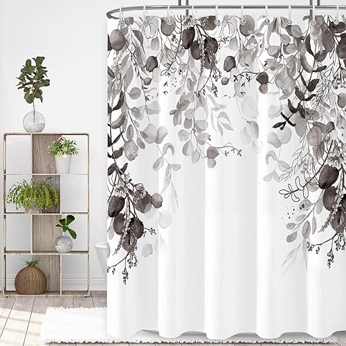 Cortina de ducha de eucalipto blanco y negro para baño con 12 ganchos, cortinas de ducha mejoradas impermeables con hojas de plantas, cortina de