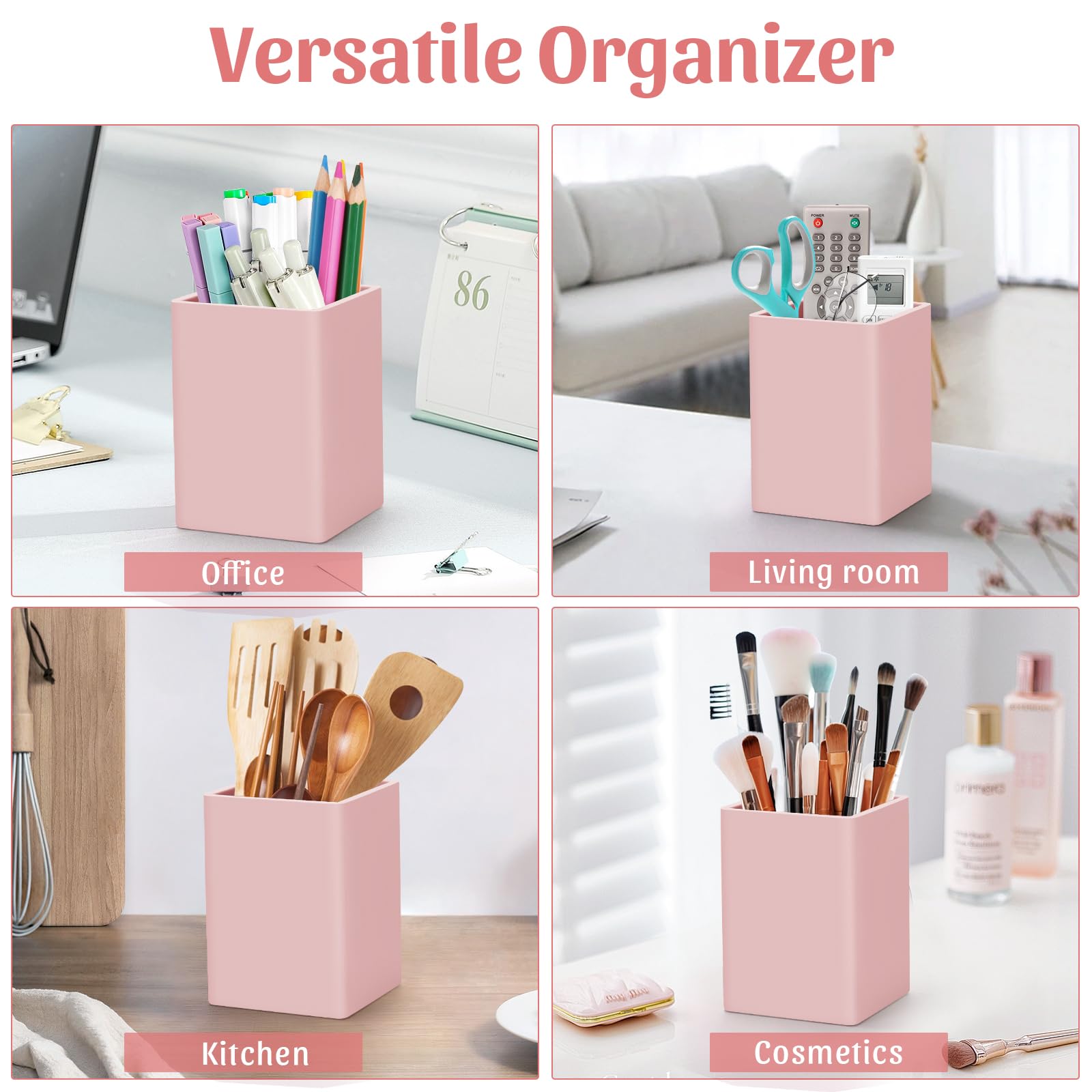 Pen Holder for Desk,Nordic Elegance Square Silicone Pencil Holder Soft Minimalist Desk Pen Cup Stand Waterproof Multifunctional Office Supplies for Home,Kids and School(Pink) - Image 2