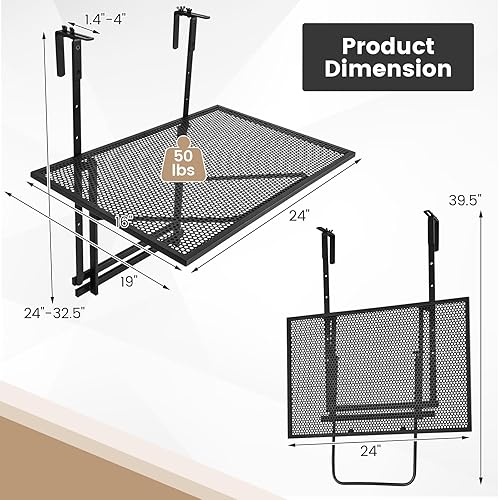 Miniatura 7 de Giantex Mesa colgante plegable para exteriores, mesa de barandilla de balcón con altura de 5 niveles, revestimiento antioxidante, se adapta a