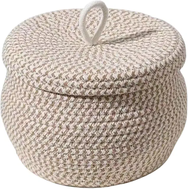 Hperu Round Woven Cotton Rope Basket with Lid - Stor Korg Med Lock