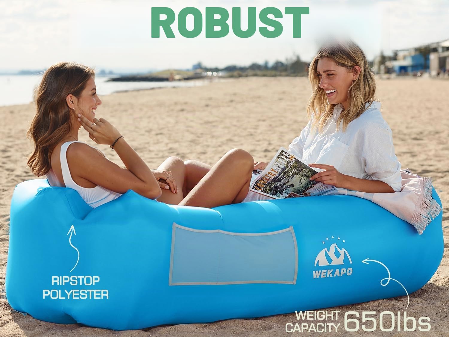 Wekapo Aufblasbarer Lounger mit Tragebeutel, Sicherungsstock und Pflaschenöffner für Reisen, Camping, Wander, Schwimmbad- und Strandparties.