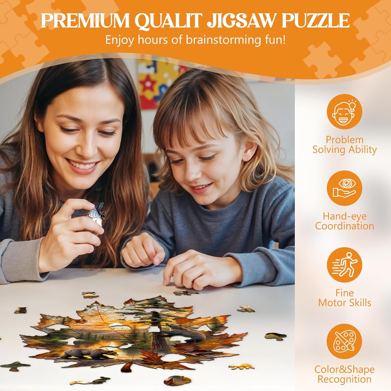 Wooden Puzzles for Adults, Brown Bear Autumn Maple Leaf Wooden Jigsaw Puzzle, Unique Animal Shaped Wood Puzzles Adult,Creative Gifts for Friends/Family/Puzzle Lovers,Home Decor(L-13.4 * 12.4in 220pcs)