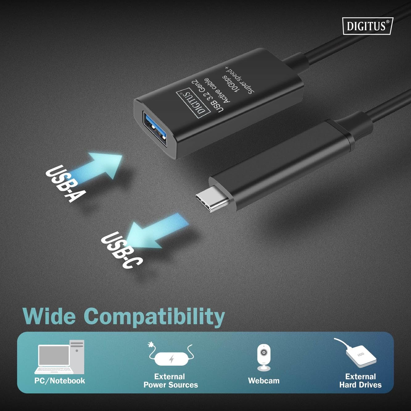 DIGITUS Active USB 3.2 Gen 2 Extension Cable - 5m - Up to 10Gbps - USB Powered - Black