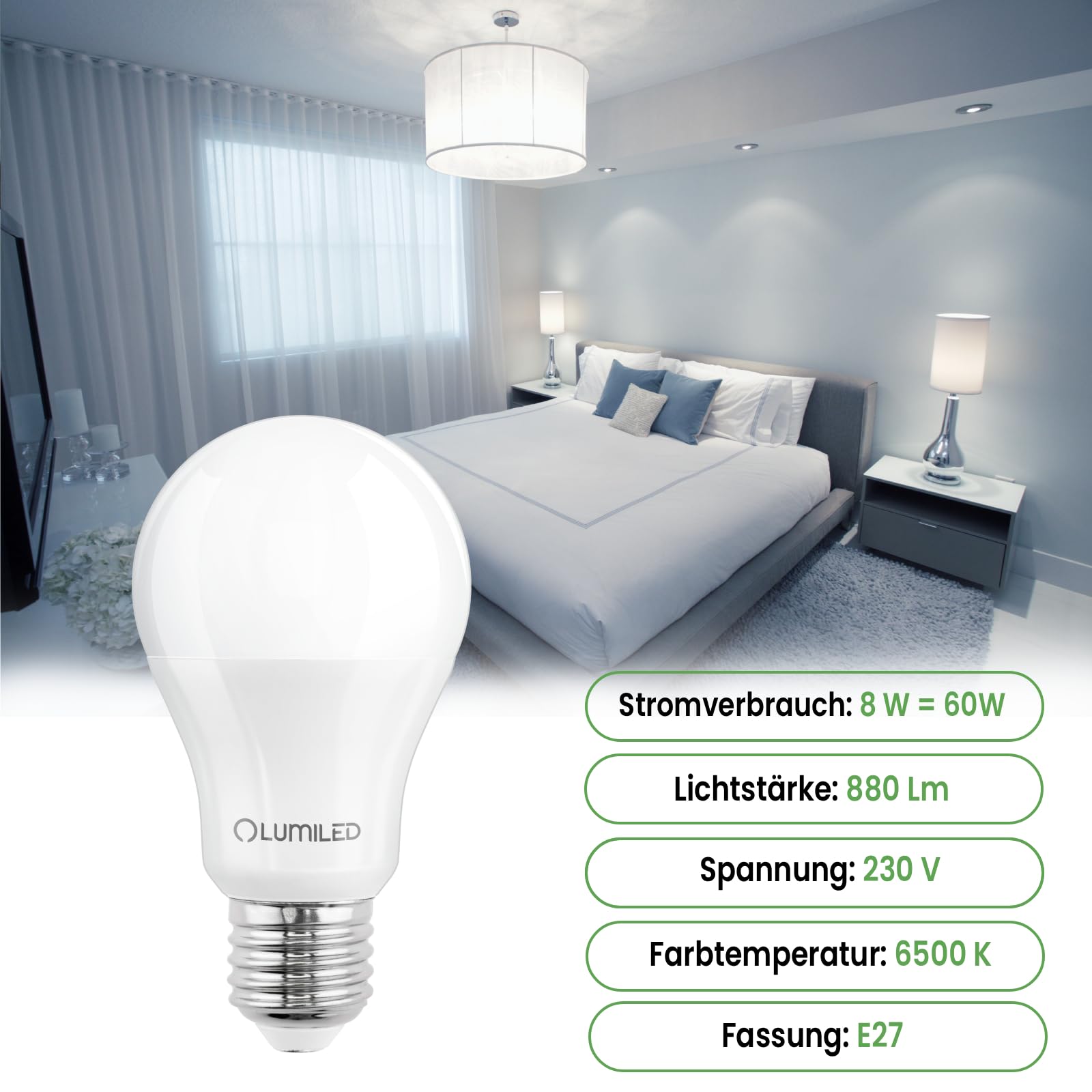 Lumiled Żarówka LED E27 A60 8W Odpowiednik 60W 880 lm Zimna Biel 6500K Kąt 260° 230V Zestaw 6 sztuk
