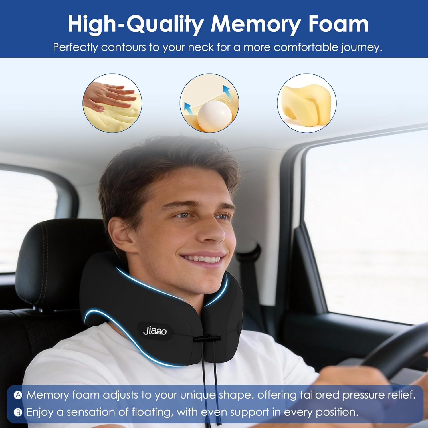 jiaao Travel Pillow Memory Foam Neck Support​, Advanced Memory Foam Neck Pillow for Airplanes, Cars & Trains with Eye Mask, Earplugs & Storage Bag