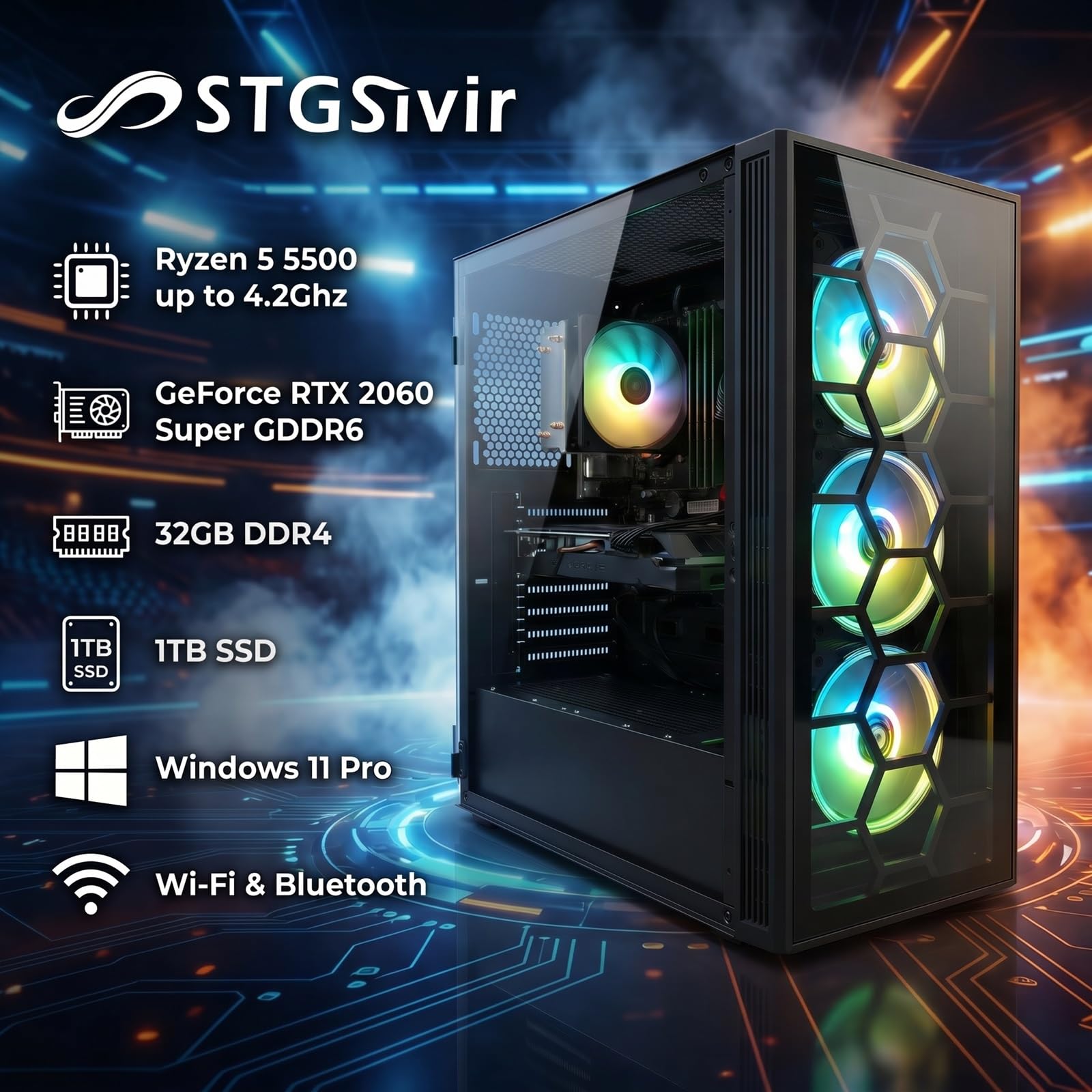 STGsivir PC Gamer Fixe, Ryzen 5 5500, RTX 2060 Super 8G,32G DDR4,1T SSD