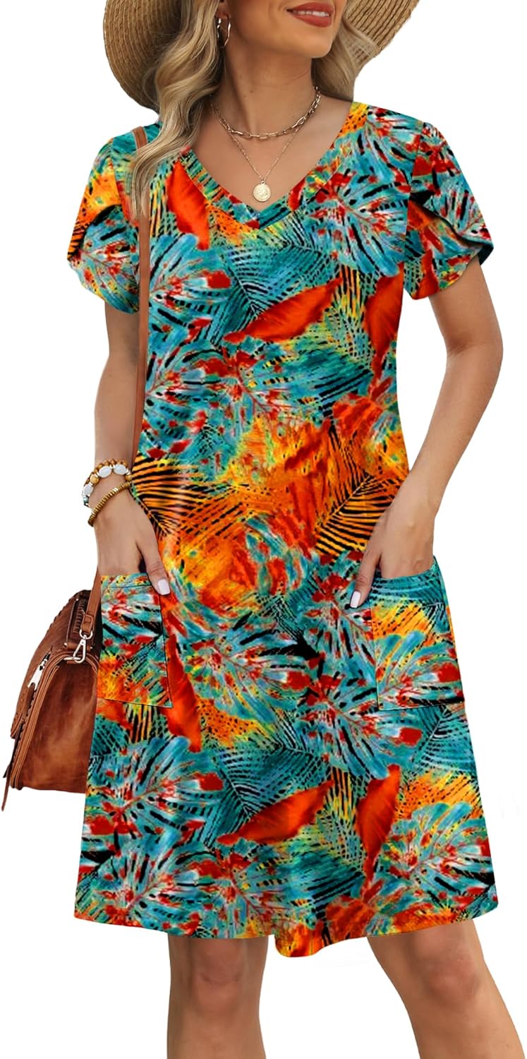 OFEEFAN Womens Summer Dresses 2026 Tulip Petal Short Sleeve V Neck Loose Swing Sundresses with Pockets Plain/Print