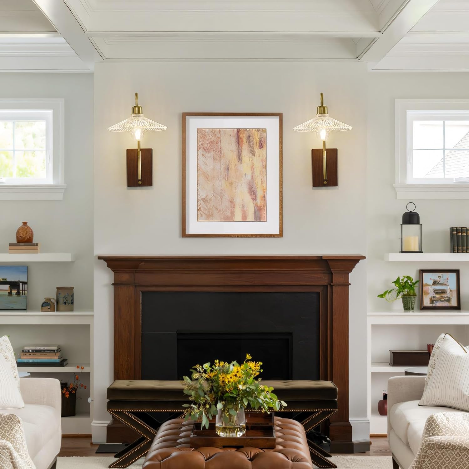 Plug in Wall Sconces, Gold Wall Sconces Set of Two with Glass Shade, Swing Arm Wall Lights Farmhouse Plug in Sconce Indoor Wall Mounted Lamp for Bedroom Bathroom Living Room (E26 Base)