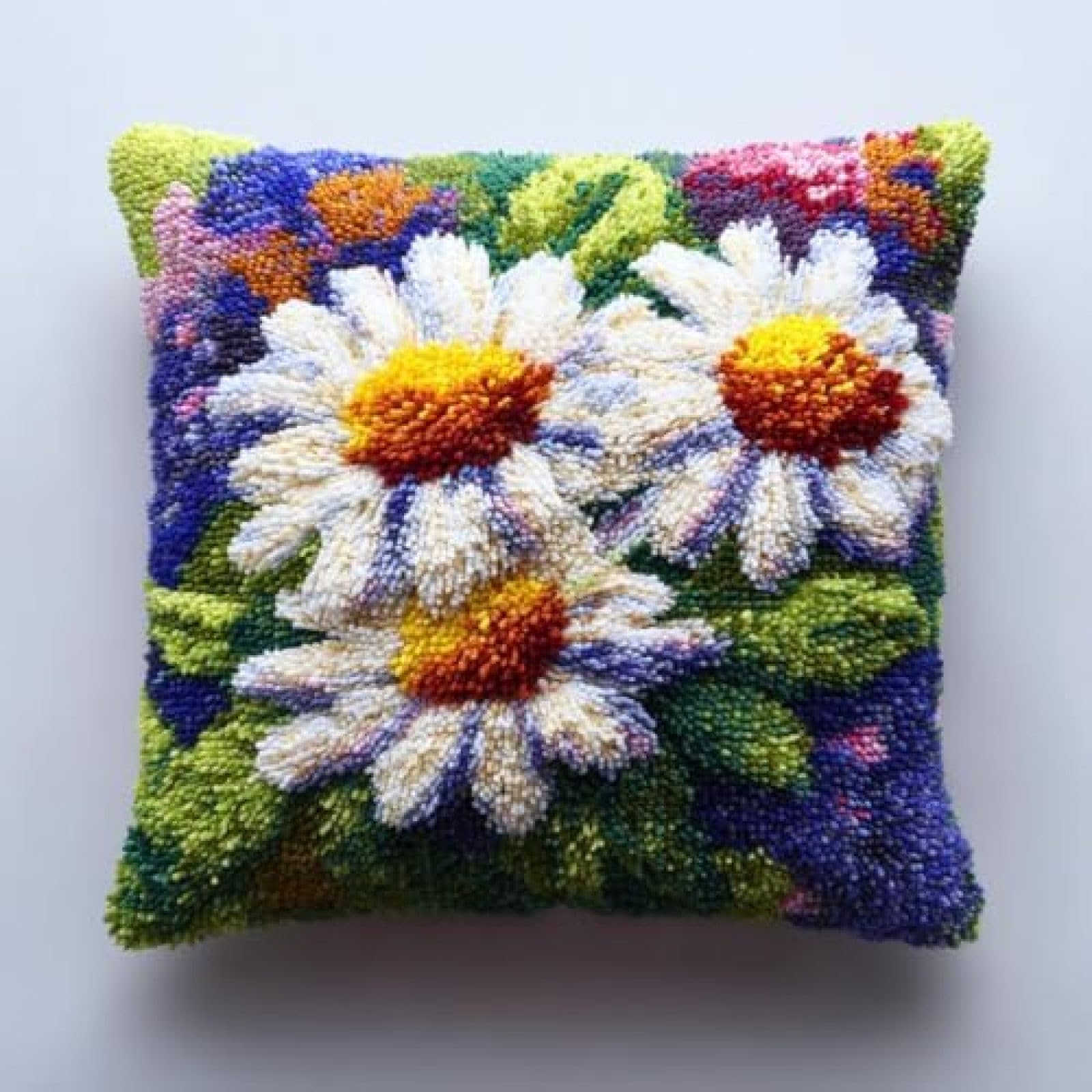 kitphoenix Latch Hook Cushion Cover Making Kit for Adults,Chamomile Flowers and Green Leaves,DIY Handmade Craft Gift with Yarn,Hook and Printed Canvas,43x43 cm