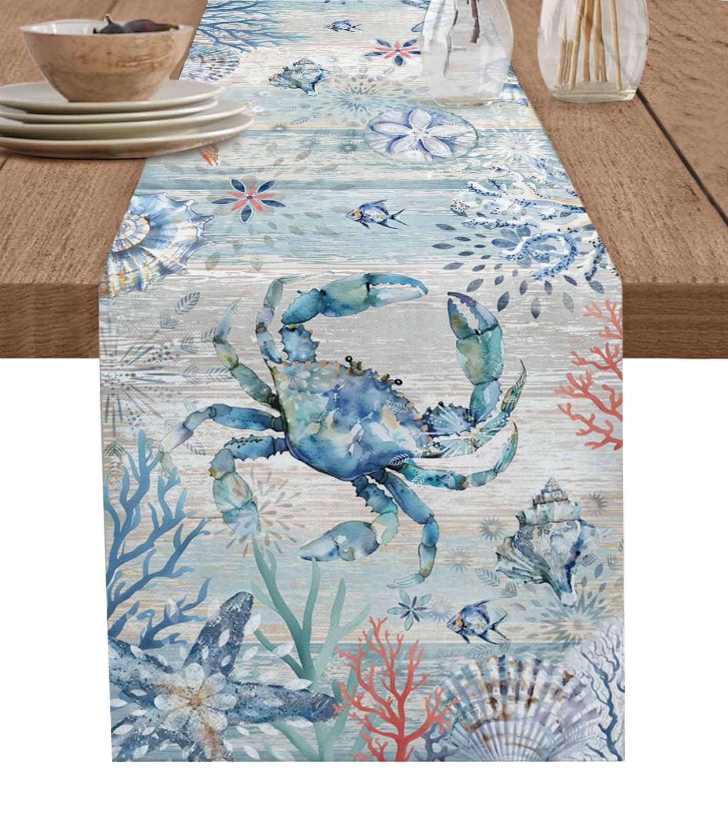 Lsrtoss Coastal Crab Table Runner 60 Inches Long Farmhouse Dress Scarves, Nautical Summer Beach Starfish Coral Vintage Dining Tablerunner for Coffee