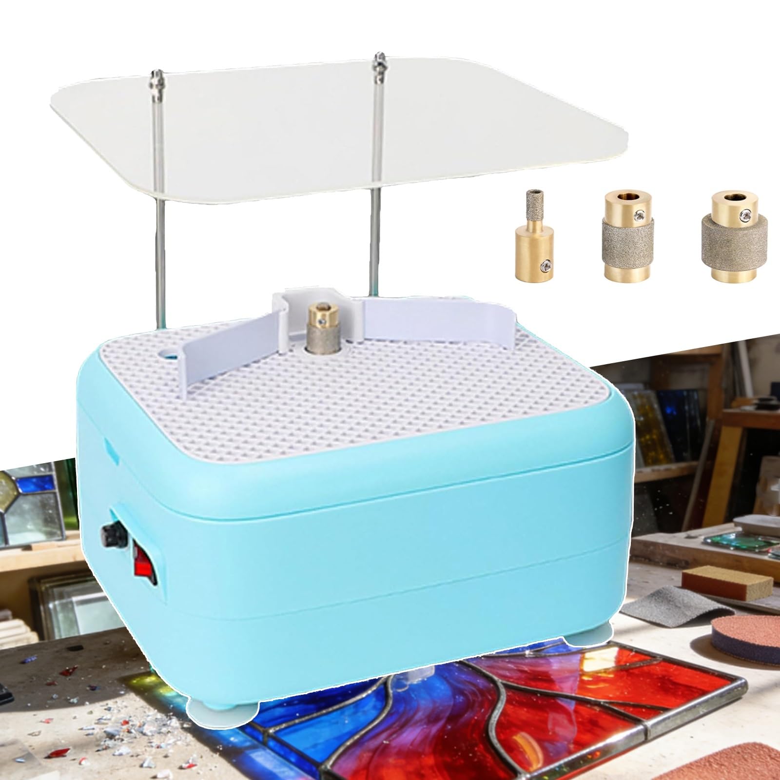 Mini automatyczna szlifierka do witraży wodnych, zestaw startowy do witraży z przegrodą, do kształtowania szlifowania artystycznego, zawiera końcówki szlifierskie 1 cal i 3/4 cala i 1/4 cala(Blue)