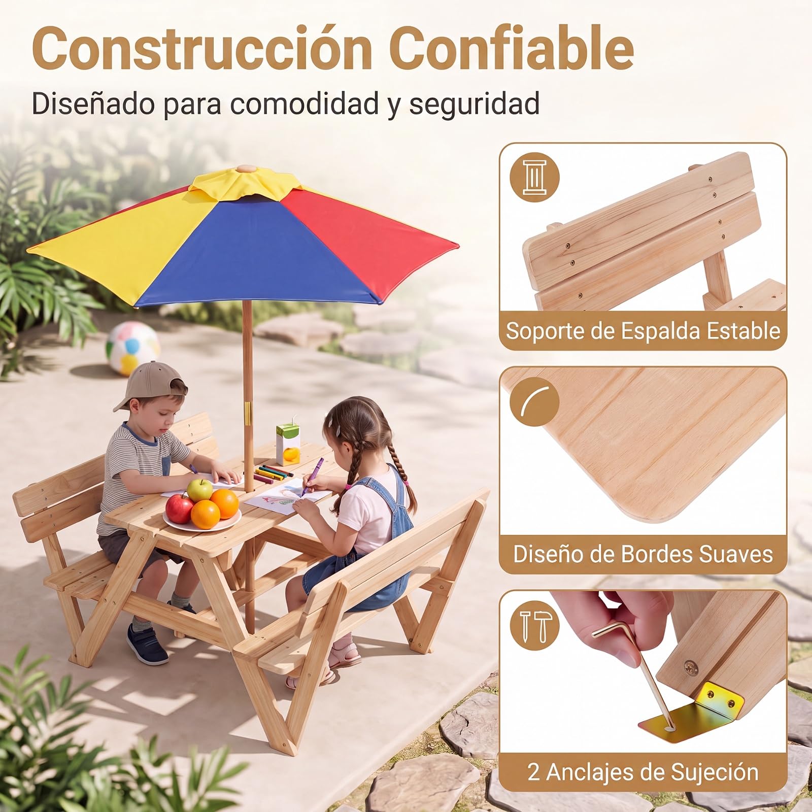 LIFEZEAL Mesa Picnic Infantil Madera, con Sombrilla | Set 2 Bancos Integrados y Respaldo, Estructura Abeto Resistente, Mueble Exterior Niños 3-8 Años Jardín Patio Playa