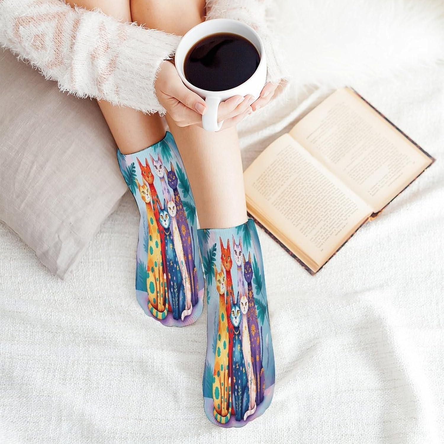 Colorful Cats Illustrations 5Pairs Low Cut Ankle Socks for Women No Show Casual Breathable Athletic Socks for Sport